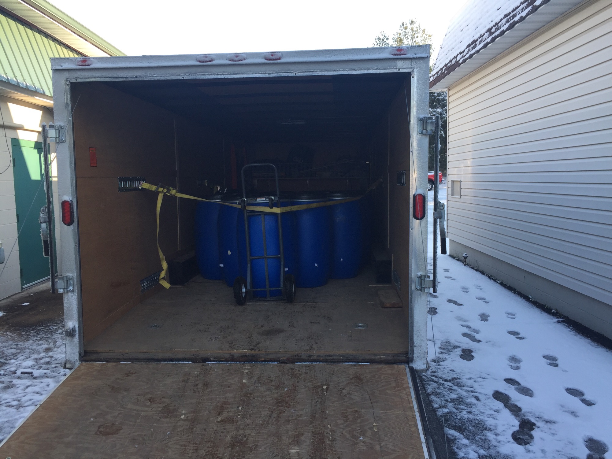 Drums of supplies in a truck 