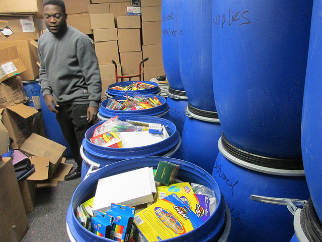 Buckets of school supplies 