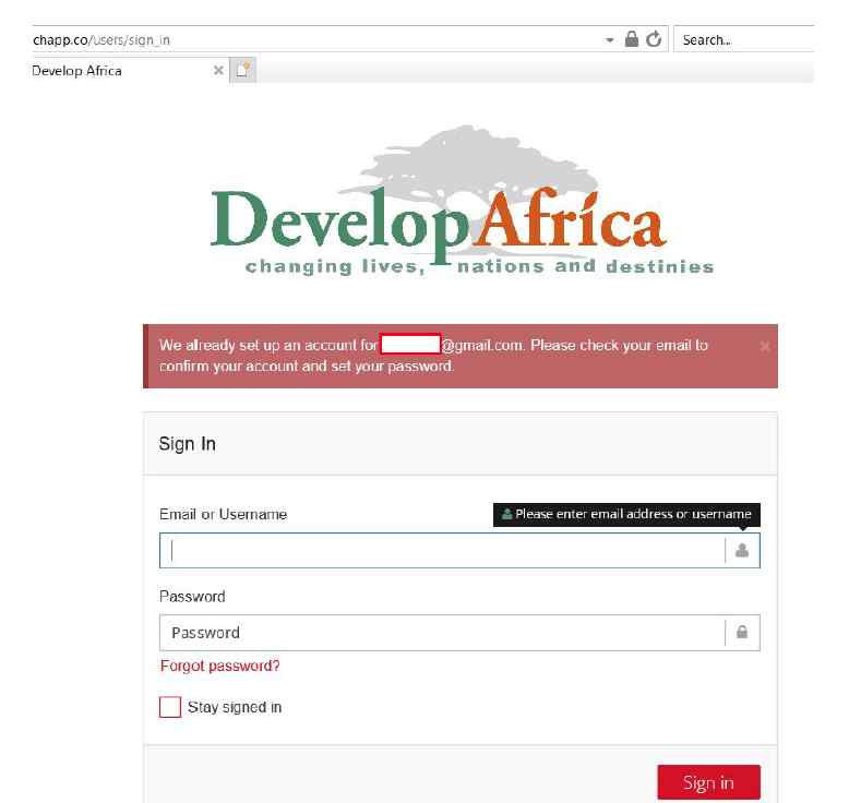 Account exists message