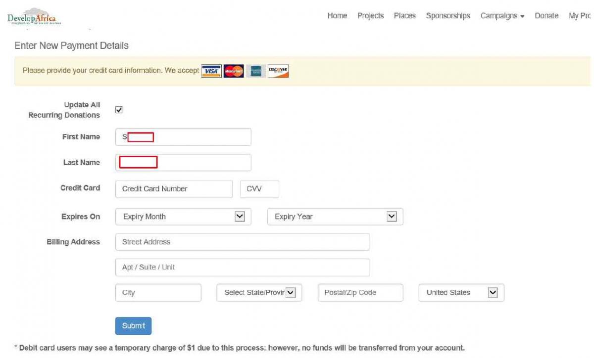 provide payment information for child sponsorship