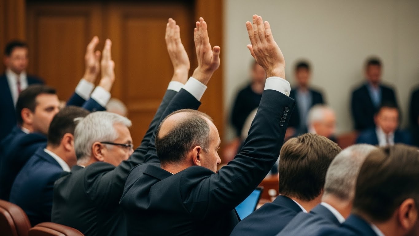 (c) ImageFX. Men in suits at a meeting with a man in black suit raising up his hand