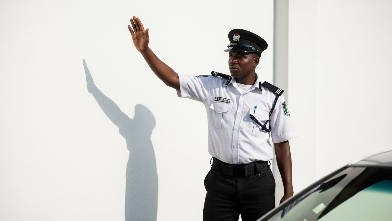 (c) ImageFx. Man in white shirt and black pants standing near white wall 