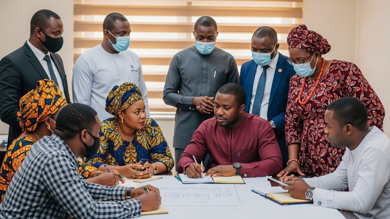 (c) ImageFx. People discussing in an office on a board placed on a desk.