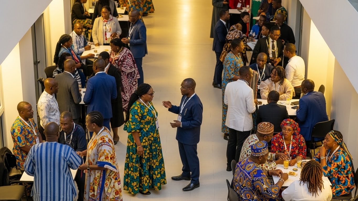 (c) ImageFx. People gathered in a hallway around various tables while having conversation.