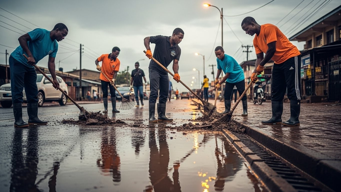 (c) ImageFx. Volunteers cleaning the road after a heavy downpour.