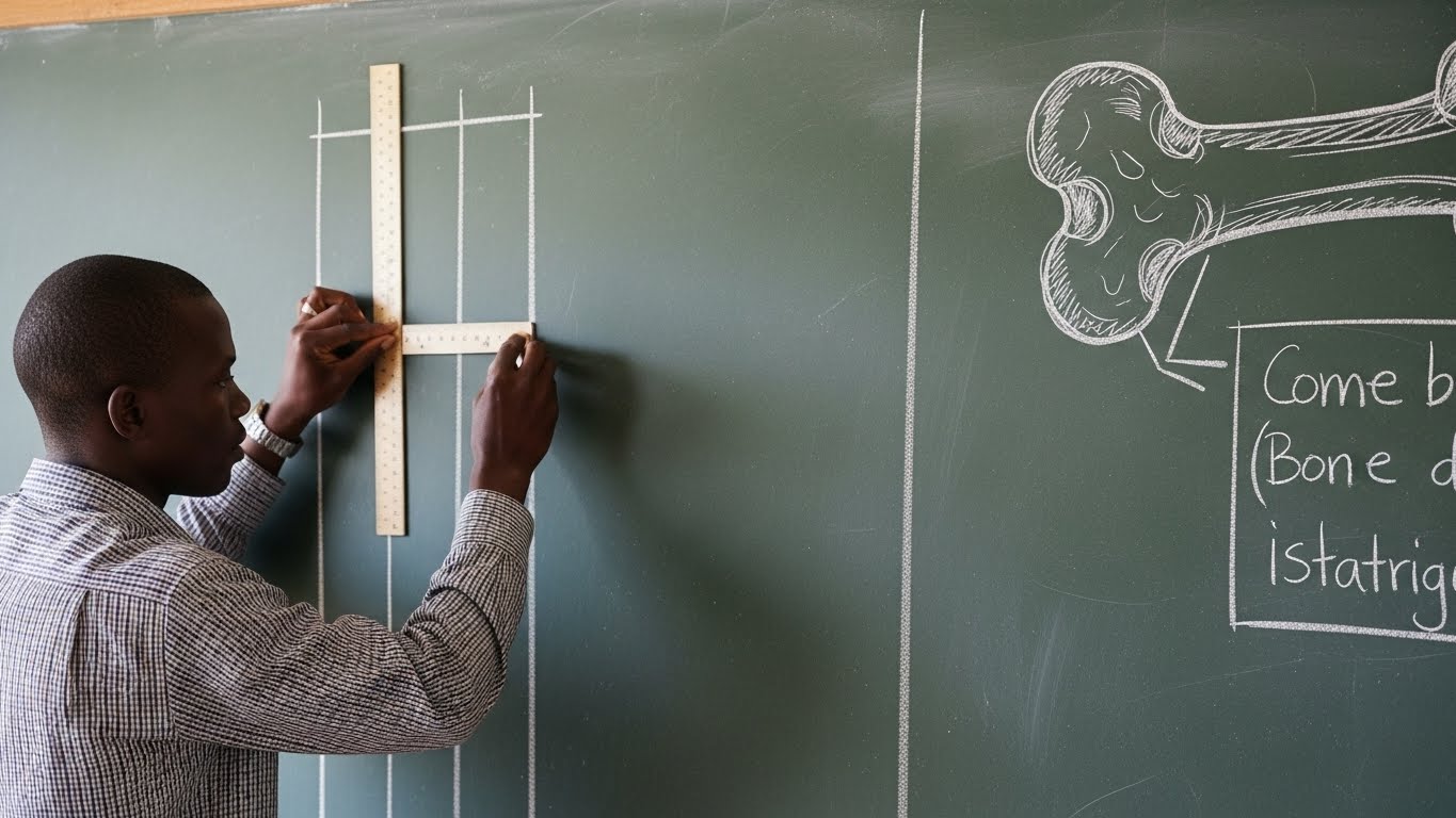 (c) ImgeFX. A teacher, using a ruler and chalk on the chalkboard