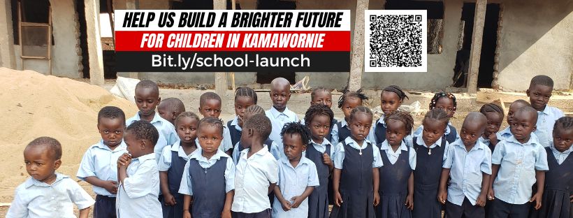 Kids outside uncompleted nursery school building in Kamawornie