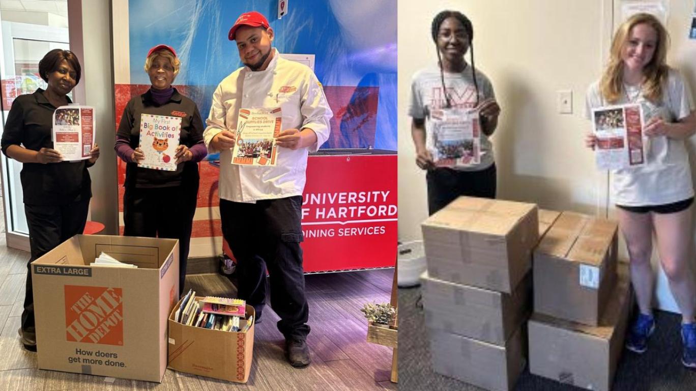 The University of Hartford and the Women's Advancement Initiative collected 8 boxes of school supplies