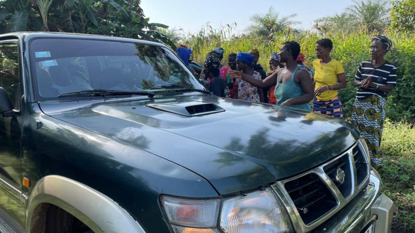 Sylvester being welcomed by the people of Magbaikoli village